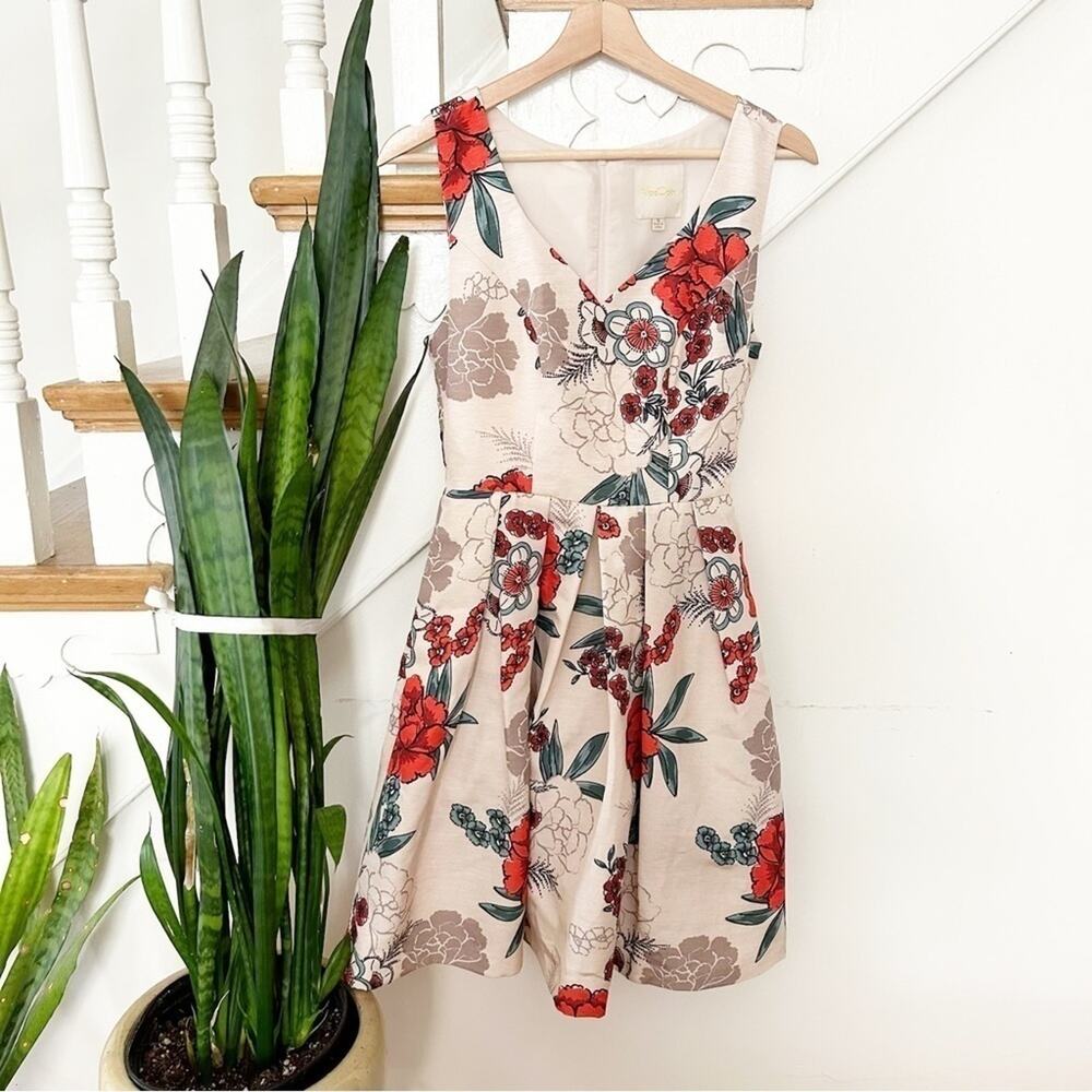 ModCloth Cream Red Floral Print Sleeveless Sweetheart Neckline Dress Size S